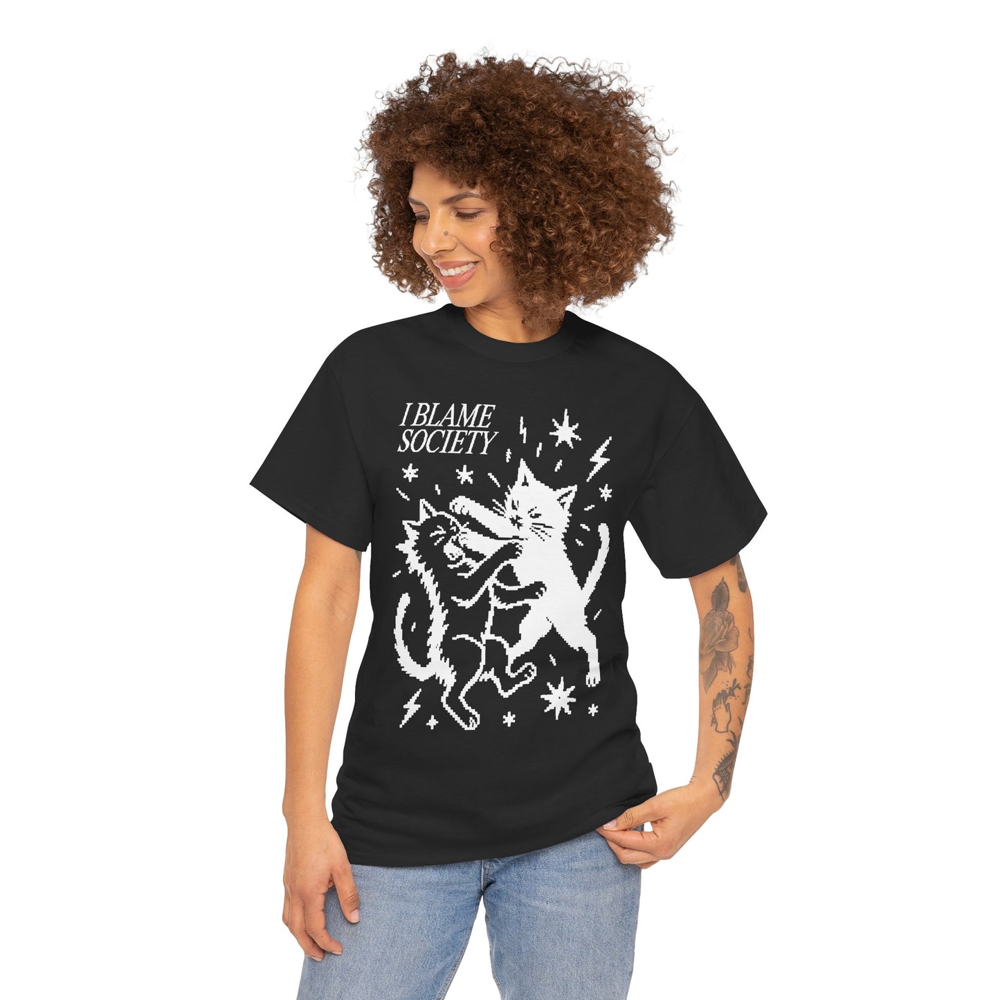 I Blame Society Cat Fight T-Shirt | Funny Black Cat Graphic Tee | Alternative Shirt